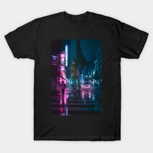 Japanese Walking home in the rain from the grind. Pink and purple reflections. T-Shirt